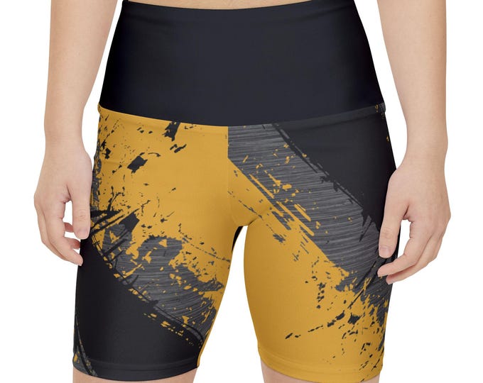 Yellow Black Abstract Women's Workout Shorts, Fitness Apparel, Exercise Gear, Athletic Shorts, Summer Sportswear