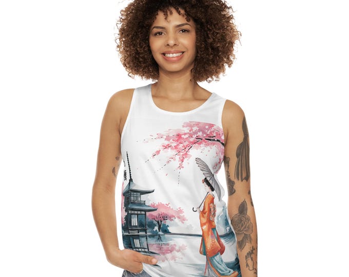 Sakura Serenity Unisex Tank Top, Japanese Cherry Blossom Art, Summer Fashion, Travel Outfit, Gift for Her, Japanese Culture