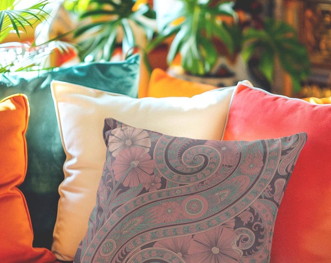 Paisley Floral Pillow, Home Decor Accent for Couch, Sofa, Bed - Throw Cushion, Living Room Decoration, Boho Chic Bedroom Accessory, Square