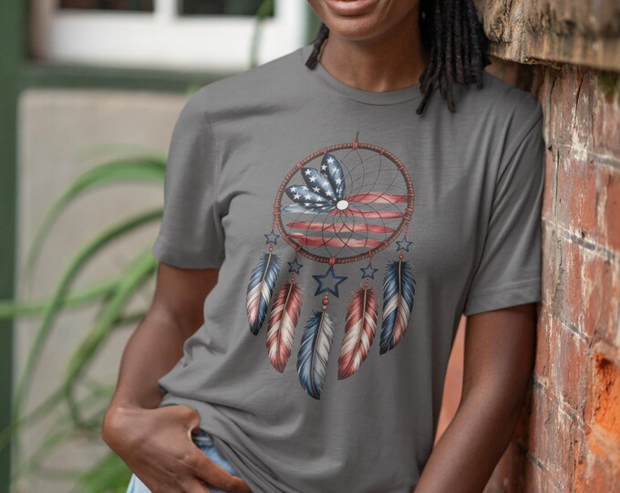Dreamcatcher USA Flag Tee - Unisex Jersey Short Sleeve Tee, Boho Clothing, Americana Style, Gift for Him/Her, Festival Apparel