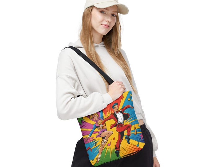 Retro Pop Art Tote Bag, Colorful Dance Tote, Fun Shopping Bag, Gift for Her, Stylish Beach Bag, Unique Art Accessory