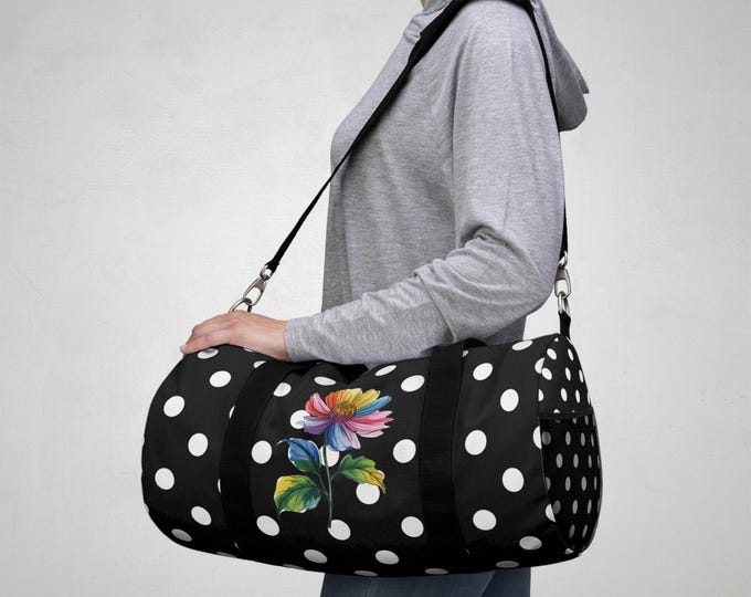 Chic Polka Dot Floral Print Duffel Bag | Stylish Gym Bag, Overnight Bag, Weekend Adventure Bag, Polka Dot Flower Design