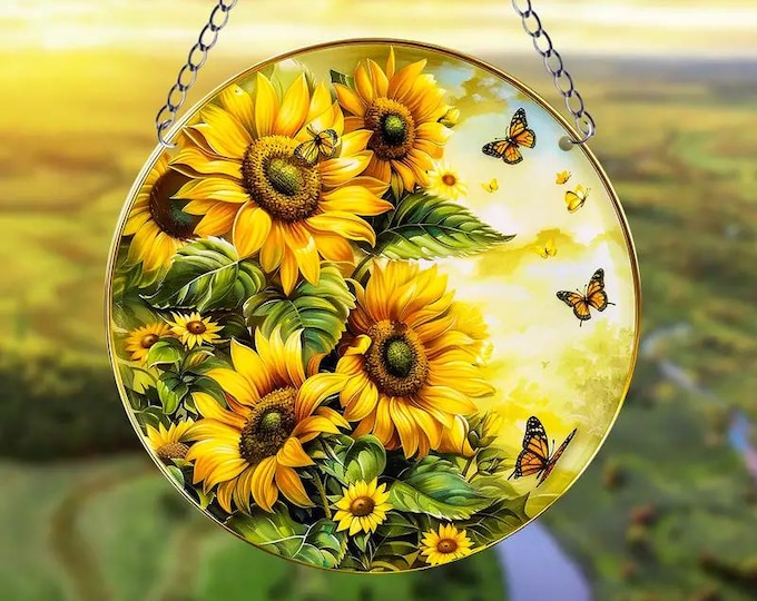 Sunflowers and Butterflies Colorful Acrylic Suncatcher Flowers Decorations, Window Hanging comes with hook for window 5.9in diameter