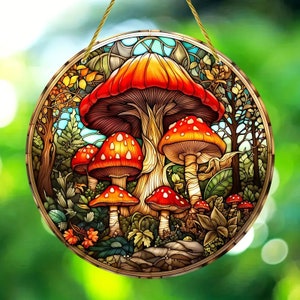 Mushroom Stained Acrylic Suncatcher Mushroom Window Wall Hanging 6 inch Ornament, Hand-Painted Plastic gift for friends, gift for mom