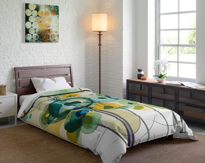 Lemon and Lime Polka Dots Comforter - Cozy Bedding Set, Citrus Theme Bedroom Decor, Yellow Green Duvet Cover, Fruit Print Blanket, Bright