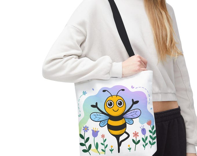 Cheerful Bee Tote Bag, Eco-Friendly Shoulder Bag, Cute Bumblebee Grocery Bag, Reusable Canvas Tote, Bee Lover Gift, Beekeeper Tote