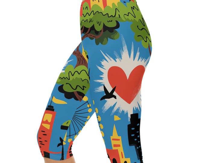 City Skyline Capris, Urban Scene Fitness Pants, Colorful Skyline Yoga Leggings, Bright Cityscape Athletic Tights, City Lights Running