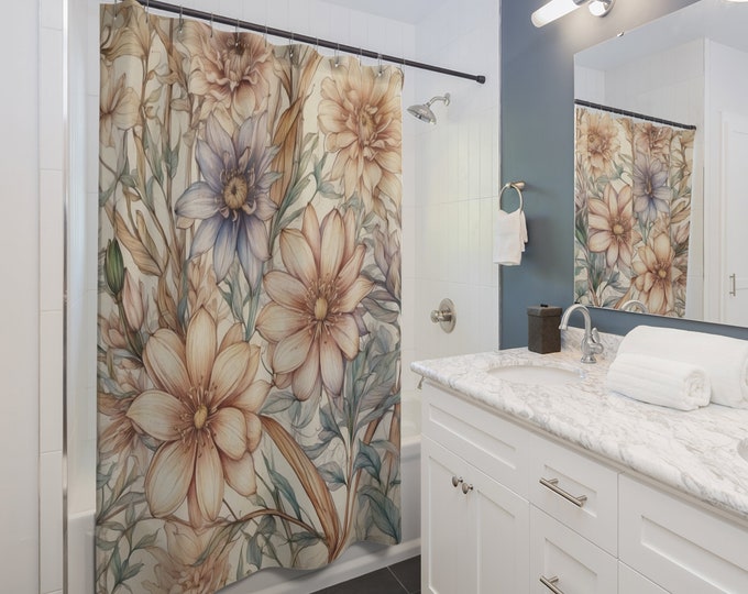 Boho Floral Shower Curtains, Botanical Bathroom Decor, Flower Pattern Curtain, Bohemian Home, Nature Lover Gift