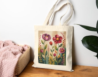 Bohemian Floral Cotton Canvas Tote Bag - Eco-Friendly Shopper, Summer Beach Bag, Nature Lover Gift, Reusable Grocery Tote, Art Tote