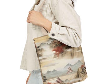 Serene Japanese Art Tote Bag, Canvas Carryall for Groceries, Shopping, Beach, Eco-Friendly Reusable Bag, Asian Inspired Market Tote, Large