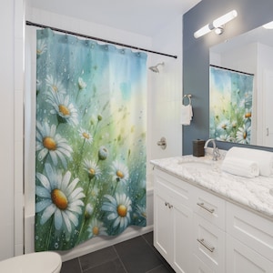 Floral Daisy Bath Curtain for Spring Rain Theme - Bathroom Decor