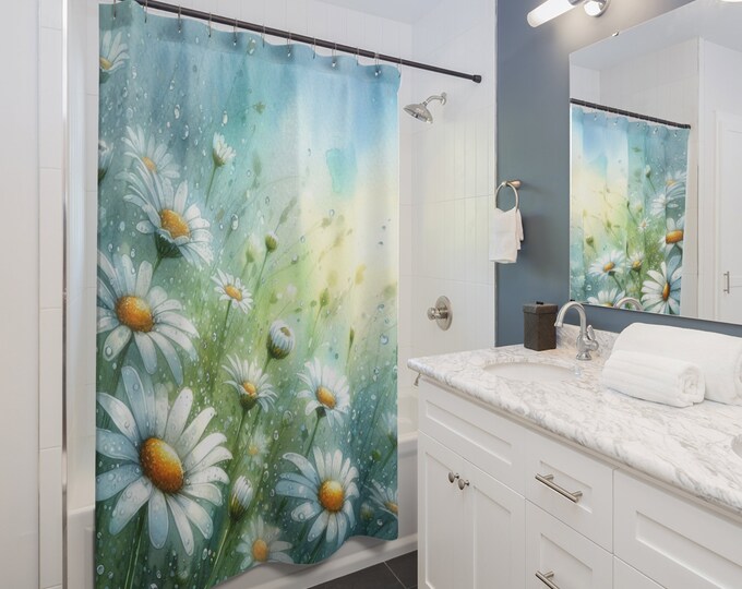 Floral Daisy Bath Curtain for Spring Rain Theme - Bathroom Decor