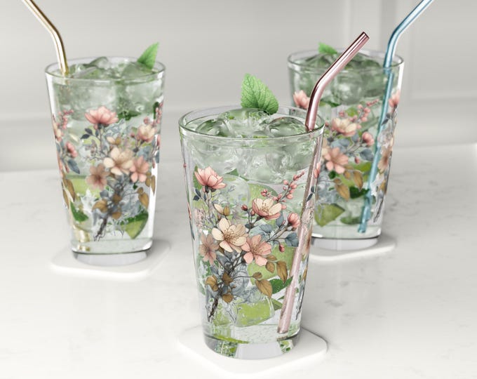 Boho Floral Pint Glasses Set of 3 – 16 oz Flower Drinkware, Cottagecore Barware Gift