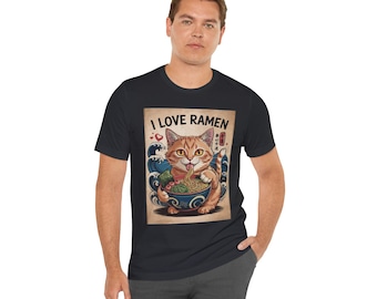 I Love Ramen Cat T-Shirt, Fun Gift for Cat Lovers, Foodie Tee, Cozy Casual Wear, Perfect for Home or Outings, Unique Cat Apparel