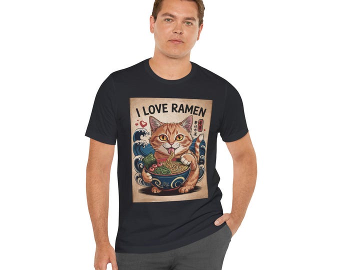 I Love Ramen Cat T-Shirt, Fun Gift for Cat Lovers, Foodie Tee, Cozy Casual Wear, Perfect for Home or Outings, Unique Cat Apparel