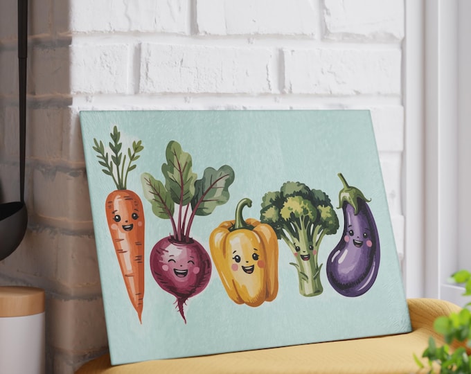 Whimsical Veggie Glass Cutting Board - Kitchen Decor Gift for Chefs