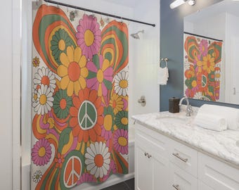 Retro Hippy Days Shower Curtain - Hippie Home Decor, Groovy Bathroom Decoration, Vintage Style Bath Curtain, Boho Chic Washroom Accessory,