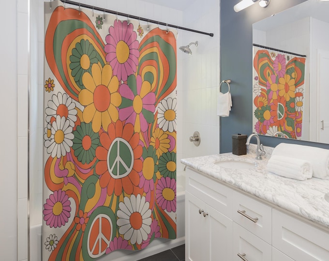Retro Hippy Days Shower Curtain - Hippie Home Decor, Groovy Bathroom Decoration, Vintage Style Bath Curtain, Boho Chic Washroom Accessory,