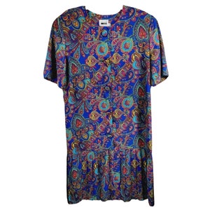 Vintage Leslie Fay Dress Plus Size 16 Blue Paisley Satin Button Front Peplum