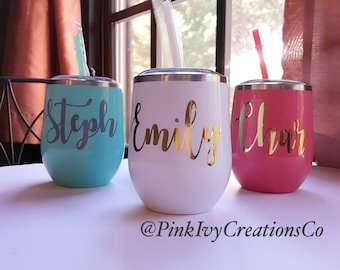 personalized wine tumbler with lid and straw, custom bridesmaid gift, wine lover gift, bridal party gifts, 21st birthday gift for her, best