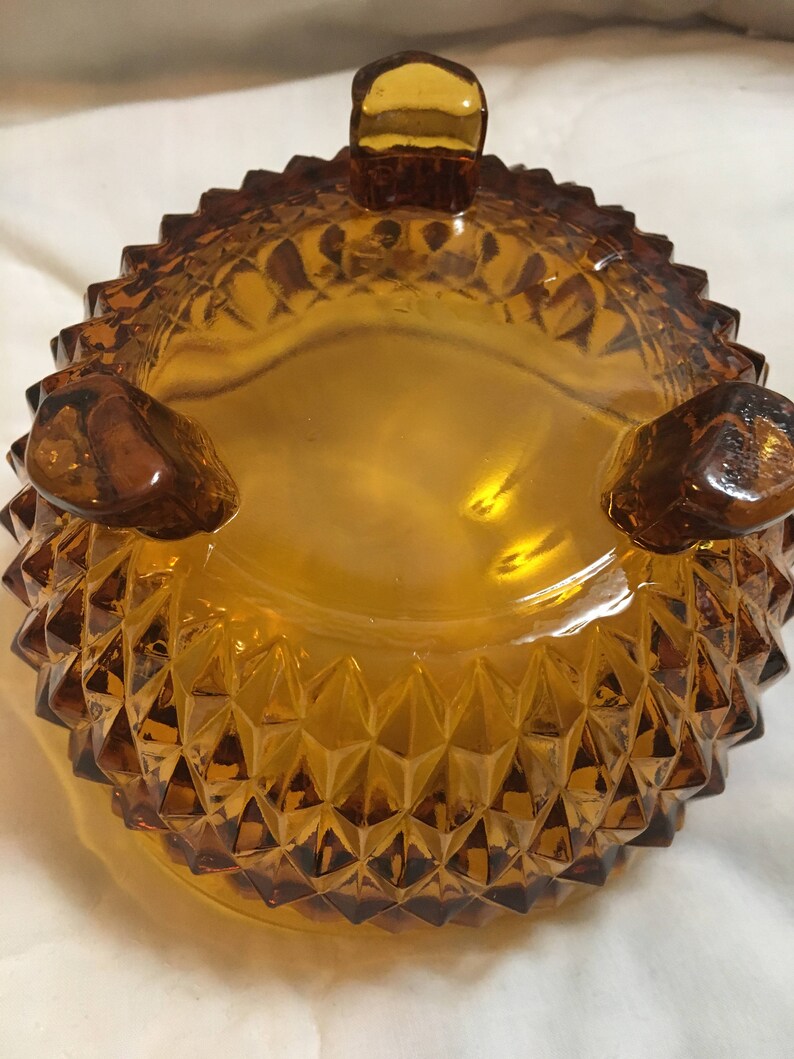 Vintage Amber Indiana Glass Diamond 3 Footed Bonbon Candy Dish Bowl Scalloped Easter