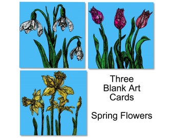 3 Spring Flower Blank Art cards, snowdrop, daffodil and tulips