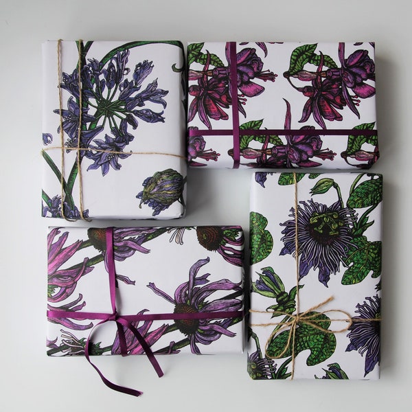 4 sheets of decorative floral gift wrap paper, mixed designs with optional matching gift tags & cards  - sent folded or upgrade to rolled