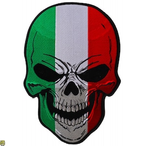 May include: A skull with the colors of the Italian flag, green, white, and red, on the front.