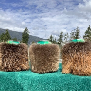 Beaver fur beverage holder, 12 oz can or bottle holder.