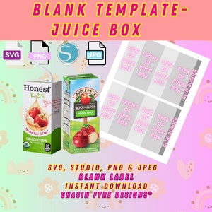 May include: A digital download graphic featuring juice boxes and a blank label template. The image includes two juice boxes, one Honest Kids and one Apple & Eve, and a template with text labels. The text reads "BLANK TEMPLATE - JUICE BOX".