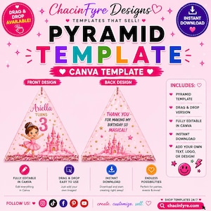 Puede incluir: Una plantilla de pirámide rosa para Canva que presenta un diseño frontal con una bailarina y un castillo, y un diseño posterior con el texto Thank You For Making My Birthday So Magical. El gráfico incluye estrellas, corazones y campos editables.