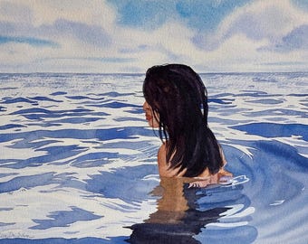 May include: Watercolor painting of a person with long black hair in the ocean. The person is facing away from the viewer, with the water and sky in shades of blue. The artwork is signed in the bottom left corner.