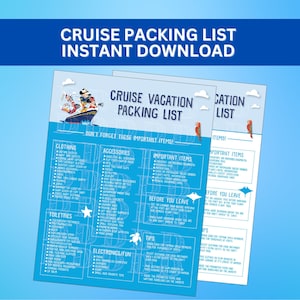 May include: Two blue cruise packing list printables with a cruise ship illustration and the text "CRUISE PACKING LIST INSTANT DOWNLOAD". The lists include sections for clothing, accessories, toiletries, and important items.