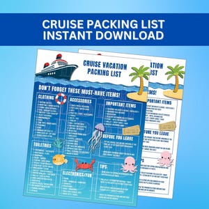 May include: A printable cruise packing list with a cartoon cruise ship, a jellyfish, an octopus, and a crab. The list includes categories for clothing, accessories, important items, toiletries, electronics/fun, and tips. The text on the list says "Cruise Vacation Packing List" and "Don't forget these must-have items!"