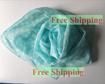 Gift for mom Summer scarf Blue scarf Vintage neckwear Viscose chiffon Polka dot scarf Lightweight shawl For mother Mothers Day Free shipping
