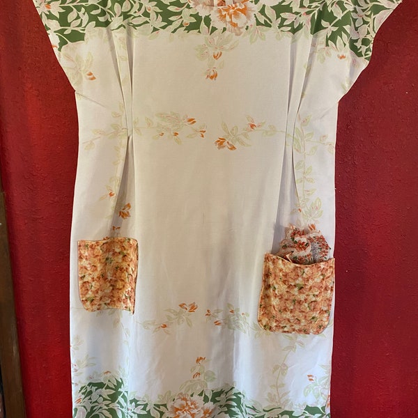 woman's dress size large made from a vintage tablecloth and floral cotton