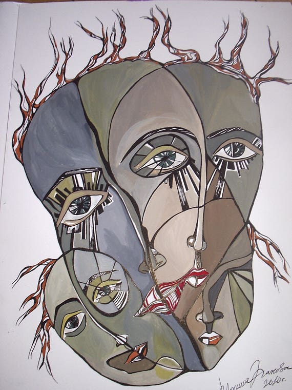 Original Abstract Of Many Faces Mixed Painting Etsy