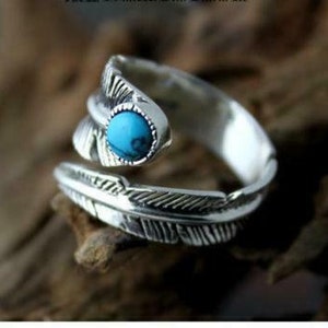 925 Sterling Silver Adjustable Feather Ring Leaf Turquoise Stone Statement Ring
