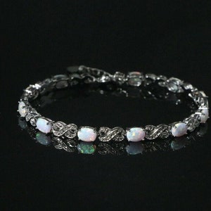 Sterling Silver Natural White Fire Oval Opal & Infinity Links Tennis Bracelet 18-20cm