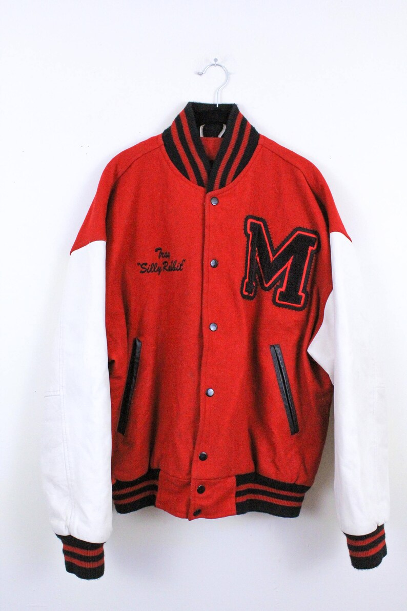 90s Red White And Black Letterman Jacket Leather Wool Silly Rabbit Snap Front Varsity Um Mens Vintage M Teen Wolf