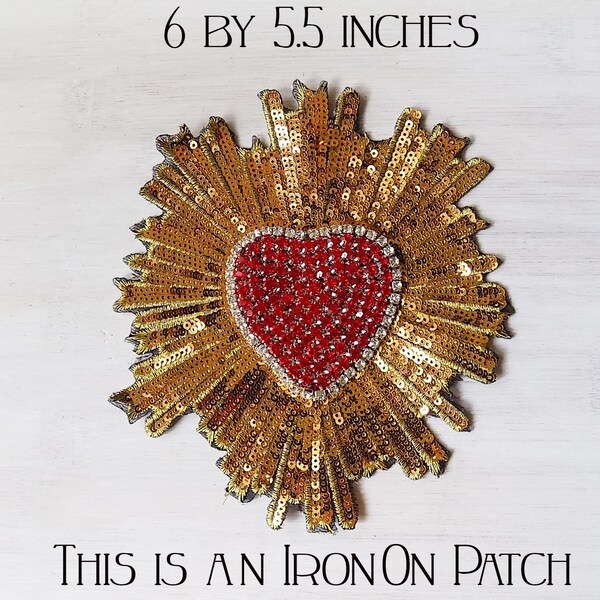Flaming heart patch, sacred heart patch, flaming corazon, jeweled patch, crystals, sequins, seed beads, luxe sew on patch, couture embellish