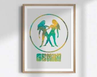 Printable Zodiac Gemini Wall Art - Minimalist Groovy Astrology Print