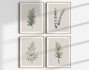 Set of 4 Prints - Digital Minimalist Watercolor Botanical Printable Wall Art
