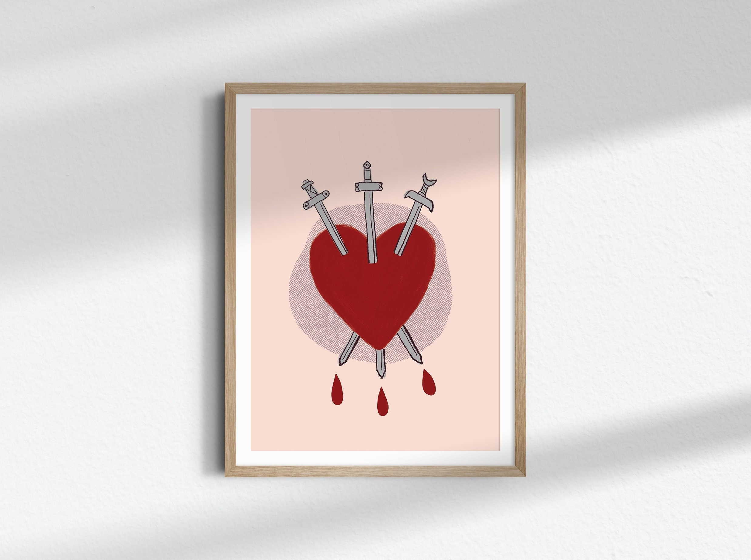 Printable Minimalist Three of Swords Tarot Heart Digital Wall Art Print