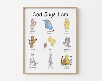 Winnie The Pooh Wall Art, Winnie and Friends, God Says I AM, Nursery Room Decor, Christianity Religion Quote, Inspirational Scripture Print