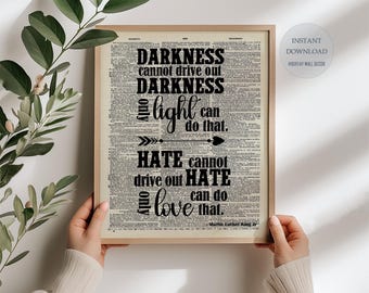 Citação de Martin Luther King "A escuridão não pode expulsar a escuridão", pôster inspirador, pôster com citação de Martin Luther King, arte de dicionário, impressão digital