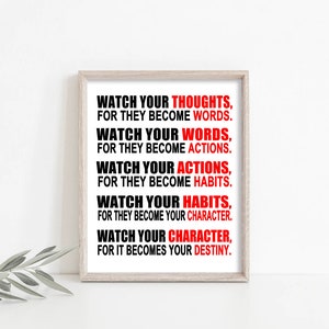 Watch Your Thoughts, Motivational Wall Art,  Inspirational Quote, Motivational Poster, Print for Office Classroom Wall Decor