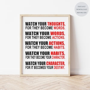 Watch Your Thoughts, Motivational Wall Art, Inspirational Quote Poster, Printable Art for Office Classroom Decor, Black&White Digital Prints
