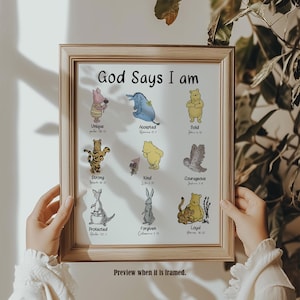 Winnie The Pooh Wall Art, Winnie and Friends, God Says I AM, Nursery Room Decor, Christianity Religion Quote, Inspirational Scripture Print