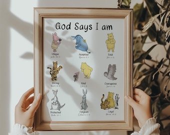Winnie The Pooh Wall Art, Winnie and Friends, God Says I AM, Nursery Room Decor, Christianity Religion Quote, Inspirational Scripture Print